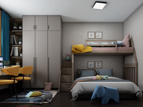  现代卧室 儿童房 高低床衣柜床掉线灯窗帘3d模型 