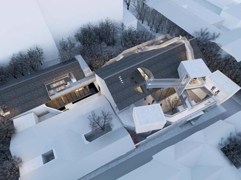 新中式民宿建筑 木制 斜顶su模型