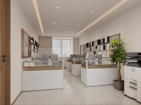  现代办公室 办公区 办公桌 多人财务室 打印机3d模型 