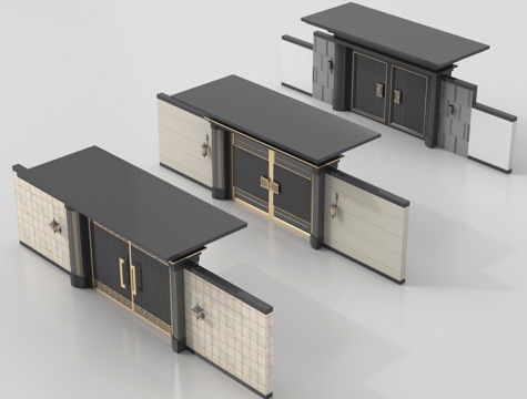 新中式大门 别墅庭院门 户外大门 庭院铁艺大门su模型