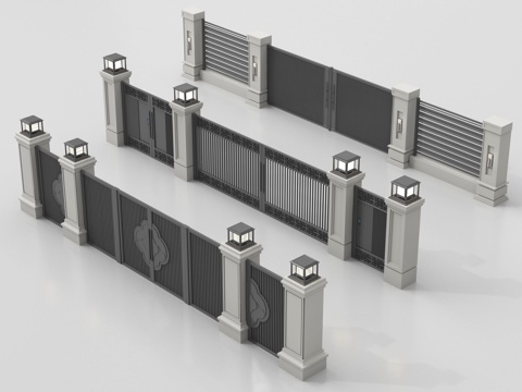 新中式庭院门 围墙 别墅大门 别墅庭院门 庭院铁门su模型