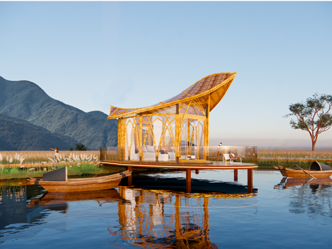 现代叶子帐篷树屋 民宿建筑 竹编竹屋su模型