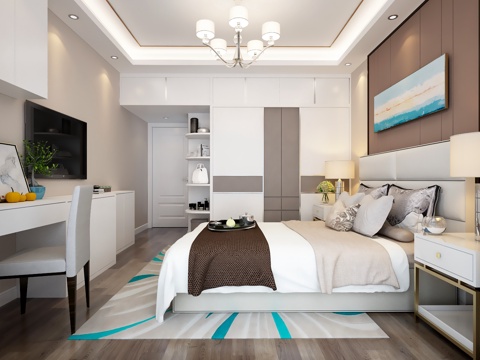  现代卧室 床 窗帘 衣柜 床头柜 吊灯3d模型 