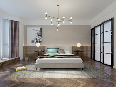  北欧卧室 吊灯挂画3d模型 