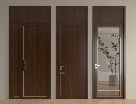 中式实木单开门 入户门 玻璃平开门 子母门 卧室门 厨卫门su模型