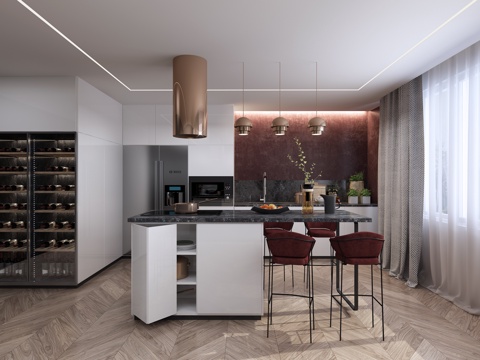  现代开放式厨房 岛台 吧椅 冰箱 酒柜3d模型 