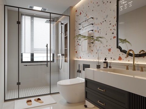 中古卫生间 马桶 花洒 洗手台 镜柜su模型