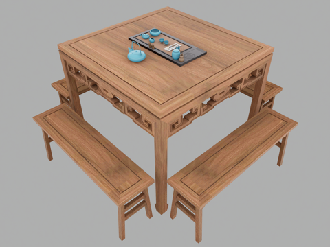 中式八仙桌 茶桌椅 条凳 餐桌椅 茶具组合su模型