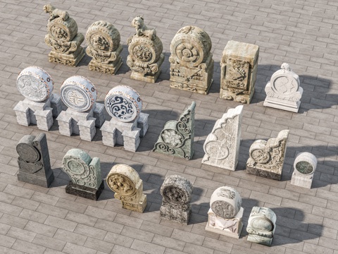  中式抱鼓石 门墩 石墩 门枕石 石雕 庭院景观小品 装饰摆件3d模型 
