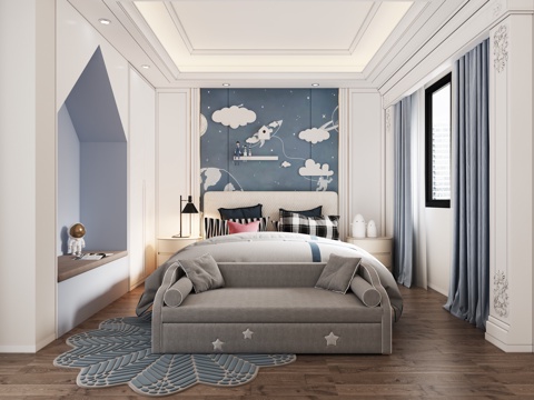  现代简约男孩房3d模型 