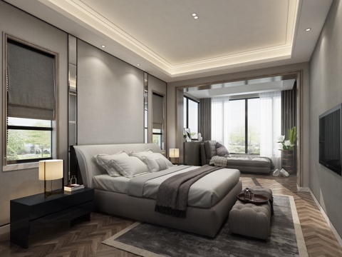  现代卧室床贵妃椅3d模型 