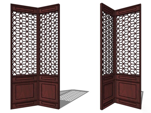 屏风，实木屏风 新中式屏风 隔断屏风su模型