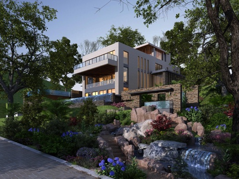  现代山地别墅酒店外观3d模型 