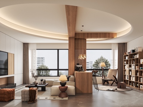  现代中古风客厅3d模型 