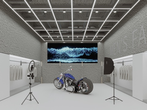 工业风服装店直播间 服装店展厅 艺术漆肌理漆墙面 直播设备su模型