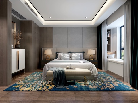  新中式现代卧室 新中式卧室3d模型 