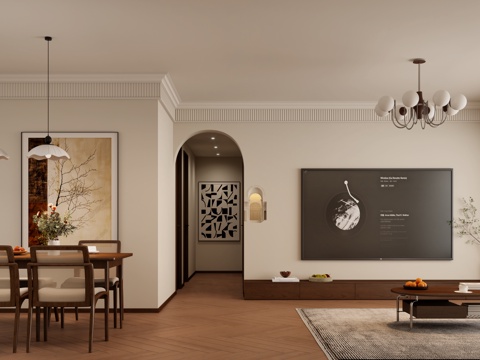  中古风客餐厅 中古风餐桌 中古风沙发 中古风酒柜 中古风吊灯3d模型 