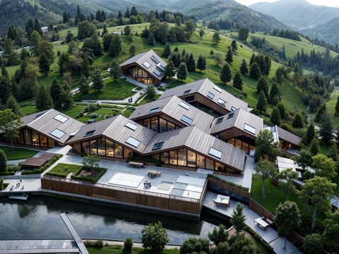 现代山地度假酒店 野奢坡屋顶木屋 酒店建筑  酒店民宿su模型