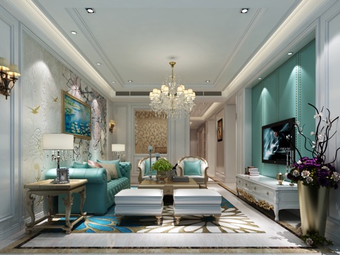  欧式古典客厅沙发  炮弹花瓶 电视柜 吊灯 壁灯3d模型 