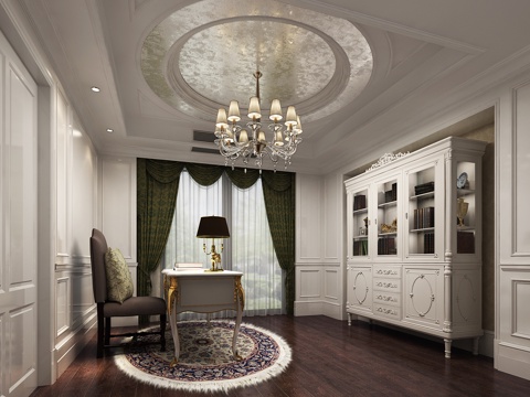  欧式古典欧式书房 书柜 吊灯 书桌 窗帘3d模型 