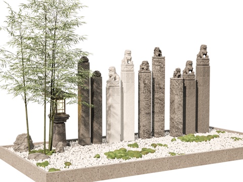  新中式假山水景 景观小品 庭院景观 树 户外 拴马桩  石雕3d模型 