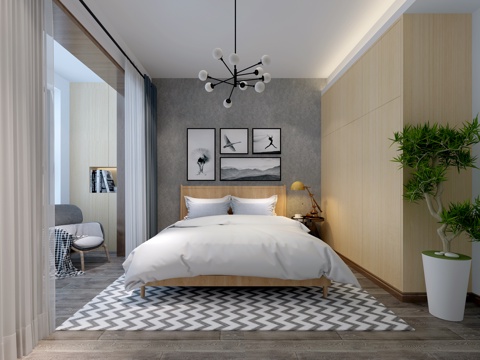  北欧卧室 吊灯 挂画3d模型 