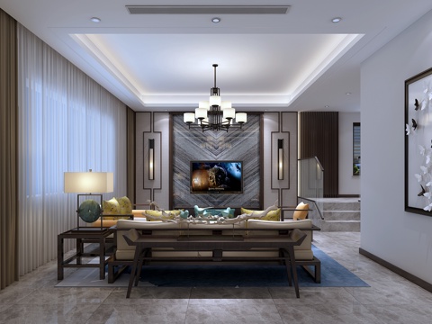  新中式客厅沙发壁灯吊灯装饰画地毯3d模型 