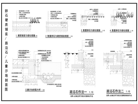 路沿石铺装 卵石硬质铺装  儿童沙地剖面图 景观节点cad施工图