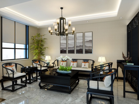  新中式会所 十二人餐桌 中式圈椅组合条案 中堂六件套3d模型 