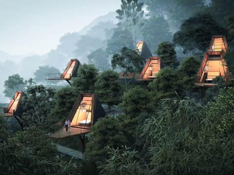 现代森林木屋民宿建筑 度假别su模型
