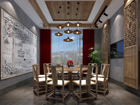  新中式餐厅 包间 餐厅包间3d模型 