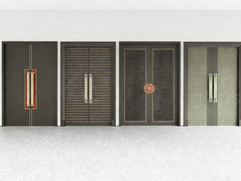 新中式双开门​​ 金属雕花入户门​ 深色系豪华大门su模型