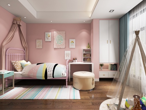  北欧现代北欧公主女 儿童房 帐篷 铁艺床 书桌 柜子 挂3d模型 