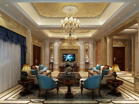  欧式古典别墅客厅 罗马柱 沙发 吊灯 电视柜 雕塑3d模型 