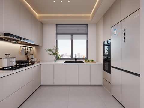  奶油风厨房3d模型 