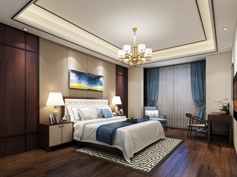  中式卧室 床 吊灯 书桌3d模型 