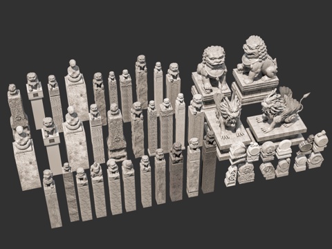  中式抱鼓石 拴马桩 石狮子 拴马柱 石雕摆件 门枕石 景观小3d模型 