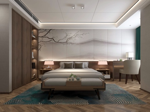  新中式卧室 床具 衣柜 书桌3d模型 