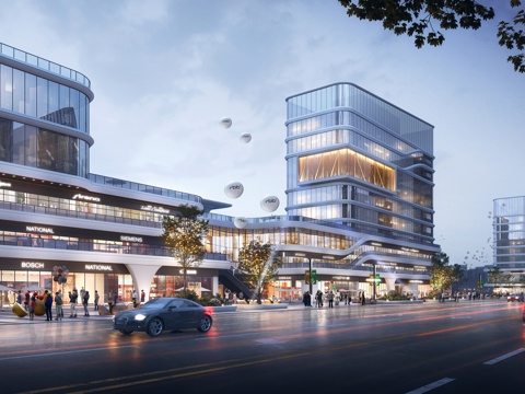  现代商业综合体，夜景，沿街3d模型 