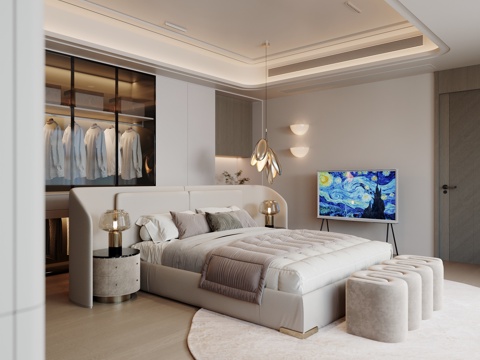  现代卧室 双人床 吊灯 台灯 主卧 次卧 老人房3d模型 