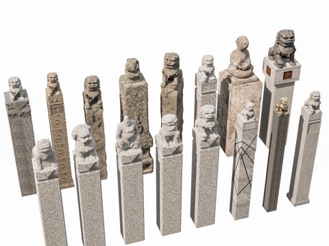  中式抱鼓石 拴马桩 石狮子 拴马柱 石雕摆件 门枕石 景观小3d模型 