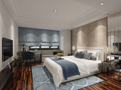  现代卧室 床 挂帘 电视柜3d模型 