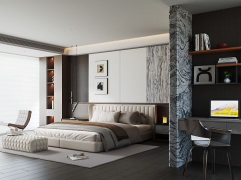 意式现代卧室 双人床 床头柜 书柜 书桌椅su模型