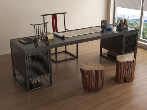 新中式办公桌椅组合 书桌椅su模型