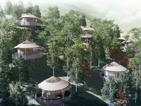 现代山地木屋酒店 圆形度假民宿su模型