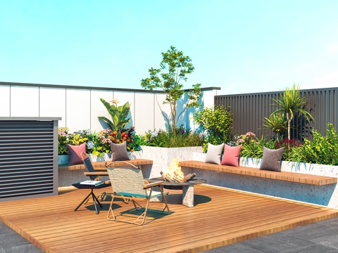 景观花坛 庭院绿植花池 坐凳 庭院景观花池su模型