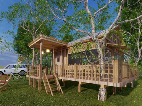 现代林间树屋 森林木屋 户外拓展su模型