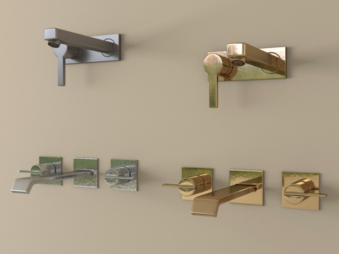 现代水龙头组合 不锈钢水龙头 墙出su模型