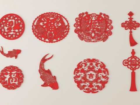 中式剪纸 窗花 剪影墙饰su模型