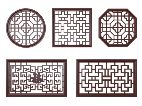 新中式镂花窗 雕花窗户 花格木窗 园林花窗 镂空花格窗su模型